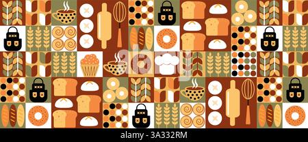 Bakery bread pattern. Abstract geometric pattern of Bauhaus. Pastries and dessert in trendy geometric style - seamless pattern with icons related to b Stock Vector