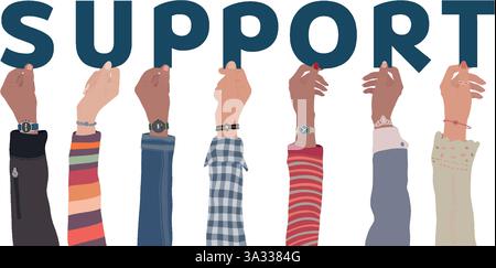 Raised hands of multicultural people holding letters forming the text SUPPORT Stock Vector