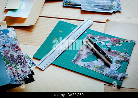 Crafting tools and materials on a green cutting mat, including a metal ruler, precision knives, and colorful paper cutouts, showcasing the creative pr Stock Photo