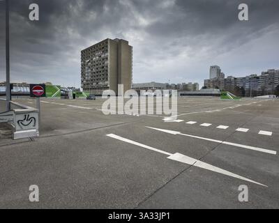 Symbolic image economic crisis, dark clouds in the sky, empty parking deck at Olympia-Einkaufszentrum OEZ, Pelkovenstrasse, Munich, Bavaria, Germany, Stock Photo
