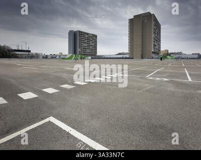 Symbolic image economic crisis, dark clouds in the sky, empty parking deck at Olympia-Einkaufszentrum OEZ, Pelkovenstrasse, Munich, Bavaria, Germany, Stock Photo