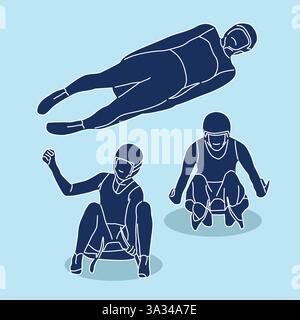 luge line outline set sports winter, vector illustration Stock Vector