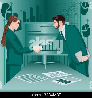 Man and woman shaking hands at meeting in office. Successful business and financial agreement. Teamwork design concept. Flat vector illustration. Stock Vector