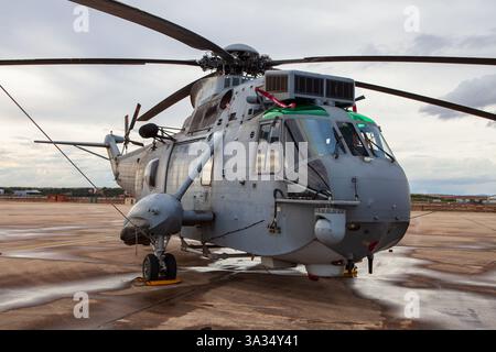 A large military helicopter is parked on the wet tarmac at Torrejon Air Base. The aircraft's powerful rotor blades and rugged design highlight its tac Stock Photo