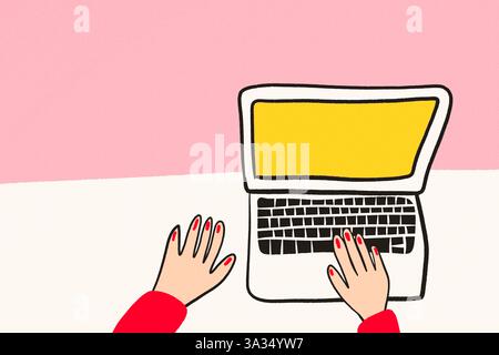 Illustration of hands with red nails typing on a laptop with a vibrant pink and yellow background. A modern depiction of work and technology in creati Stock Photo