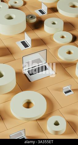 Amidst a backdrop of geometric shapes, a laptop rests on a flat surface, showcasing a blend of modern technology and abstract design. Stock Photo