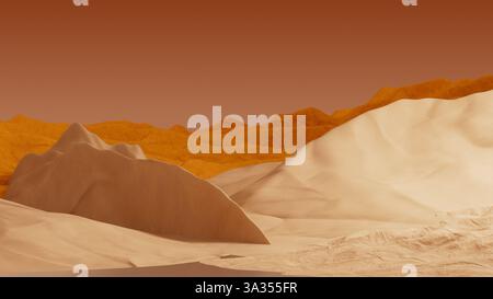 A 3D render depicts a warm color palette with rolling desert terrain and distant dune formation. A uniform sky blends with the sandy landscape. Stock Photo