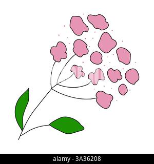 Minimalist illustration of a pink yarrow flower, featuring a simple design with green leaves on a white background Stock Vector