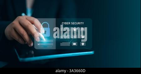Cybersecurity and privacy concepts to protect data. Human use stylus pen with cyber security technology for protecting personal data and secure intern Stock Photo