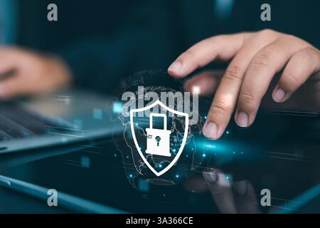 Cybersecurity and privacy concepts to protect data, Firewall security, Data protection, Information safety and encryption, Secured access, Lock icon a Stock Photo