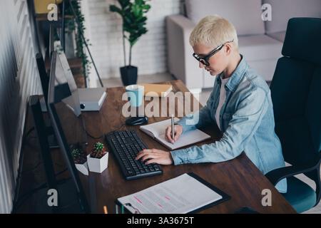 Focused Woman Working on Computer and Writing Notes in Modern Office Interior Stock Photo