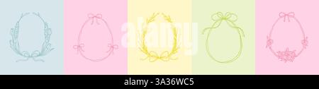 Set of cute line doodle easter eggs frames in trendy spring colors. Floral and whimsical bow ribbon coquette borders. Willow, tulip, rose flowers summ Stock Vector