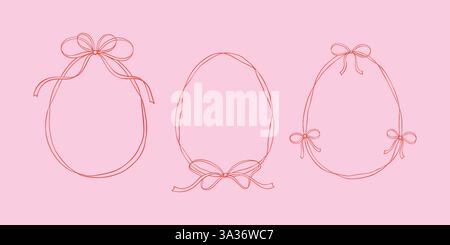 Set of pink ribbon bow easter eggs coquettish frames. Hand drawn cute line doodle illustration. Spring border whimsical wavy girly border. Celebration Stock Vector