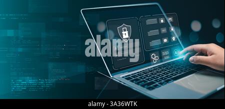 Cybersecurity and privacy concepts to protect data. Human use computer with cyber security technology for protecting personal data and secure internet Stock Photo