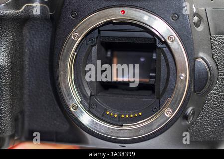 Close up shot of partially damaged opened camera body Stock Photo