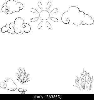 Vector background - clouds and sun, cartoon style. Black silhouette for circuit Stock Vector