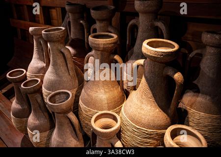 Rustic Museum Div Ancient Etruscan Amphorae with Rope Wrapping in Rustic Museum Display ...