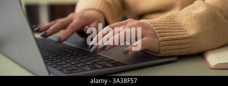 Woman Typing On Laptop At Workplace Stock Photo