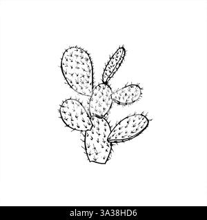 Monochrome Mexican prickly pear cactus realistic graphic sketch in black and white. Desert Opuntia cactuses tree without flowers etching drawing. Stock Vector