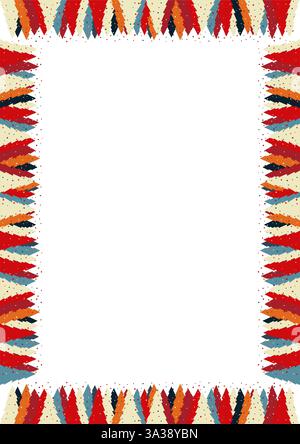 Colorful snowy pine tree forest frame. Festive greeting template with Christmas tree elements. Bright border with empty space for your text. Baby show Stock Vector