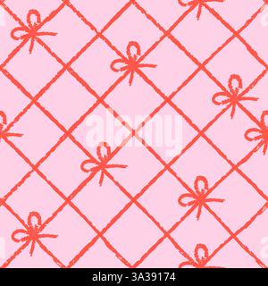 Crayon bows seamless pattern. Vector hand drawn rope illustration. Pink red checkered abstract ribbon background. Fashion textile print, wrapping gift Stock Vector