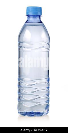 Small plastic water bottle with blue cap filled with fresh water, isolated on white background Stock Photo