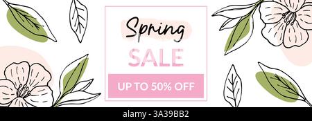 A banner template for a spring sale with blooming branches of Japanese sakura, horizontal layout, for a trade sale. Vector design with a place for the text. Poster, postcard, web banner, flyer, flyer. Stock Vector