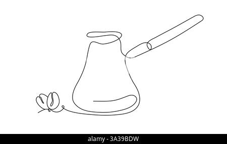 A turk for making freshly brewed coffee on roasted beans. Simple linear vector graphics in the style of line art, a single line. The traditional method of making Arabica coffee. Stock Vector