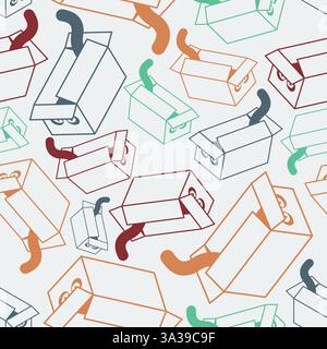 Cat in box pattern seamless. Pet sits in box and sticks out its tail background Stock Vector