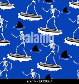 Skeleton Surfer pattern seamless. Skeleton on surfboard background. Stock Vector