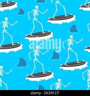 Skeleton Surfer pattern seamless. Skeleton on surfboard background. Stock Vector