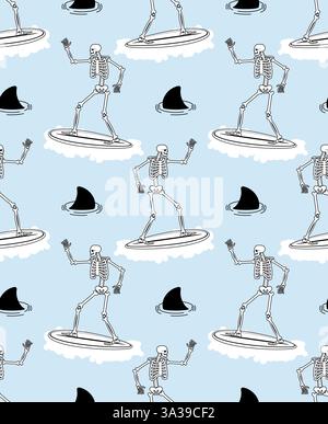 Skeleton Surfer pattern seamless. Skeleton on surfboard background. Stock Vector