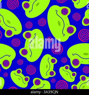Hypnotoad pattern seamless. Toad with spiral eyes for hypnotizing background. Ornament of kids fabric Stock Vector