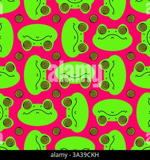 Hypnotoad pattern seamless. Toad with spiral eyes for hypnotizing background. Ornament of kids fabric Stock Vector