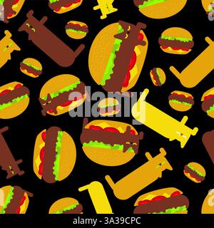 Cat in burger pattern seamless. Pat in burger background. Stock Vector
