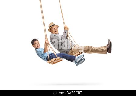 Happy child and grandpa swinging on a swing isolated on white background Stock Photo