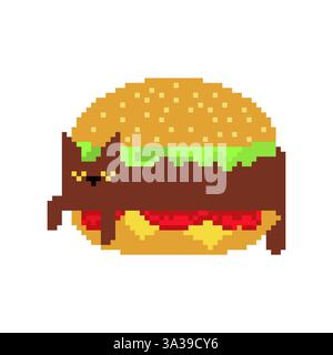 Cat in burger pixel art. 8 bit Pat in burger. Stock Vector