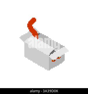 Cat in box pixel art. 8 bit Pet sits in box and sticks out its tail Stock Vector