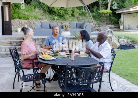 Sharing stories and laughter, senior Friends having outdoor lunch in garden Stock Photo