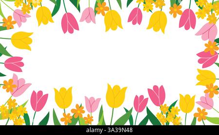 Cute card with spring flowers. Spring Tulips, floral postcard or poster in flat style isolated on white background. Stock Vector