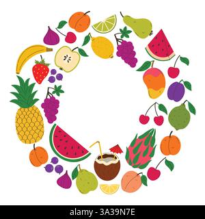Bright summer round border with fruits and berries isolated on white background. Summer juicy frame. Stock Vector