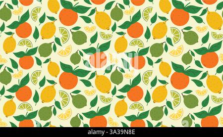 Fruit seamless pattern with citruses and leaves. Summer background with oranges, lemons and limes. Stock Vector