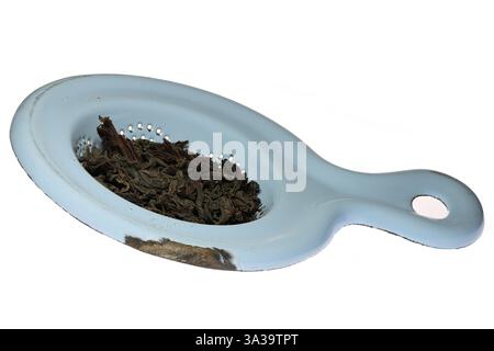 Ceylon Black Tea in a vintage enamel strainer isolated on white background Stock Photo
