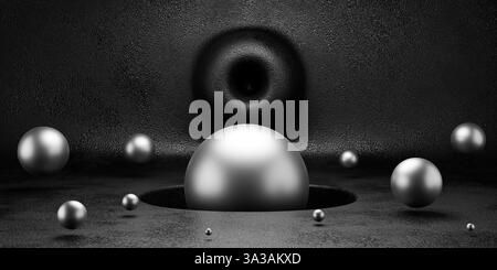 Silver metallic shiny ball against a black interior falling into a hole in the ground. Abstract 3d render. dark moody composition with geometric shape Stock Photo