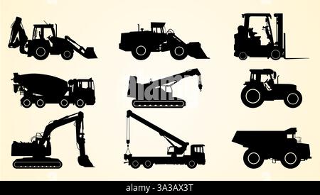 Construction vehicles lined up, depicted as black silhouettes on a light background. Stock Vector