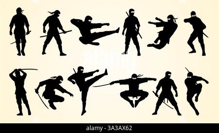 Silhouettes of ninjas in dynamic poses showcasing martial arts, combat skills, and weapons. Stock Vector