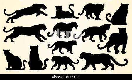 Silhouettes of big cats in various poses, including walking, running, and sitting. Stock Vector