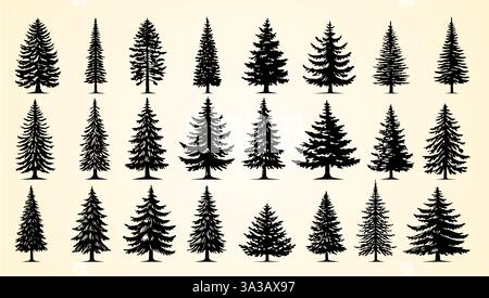 Silhouettes of various evergreen trees showcasing different shapes and styles in black. Stock Vector