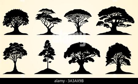 Silhouettes of various tree designs showcasing different shapes, branches, and artistic styles. Stock Vector