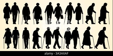 Silhouettes of elderly people walking with canes, portraying companionship and aging. Stock Vector